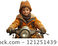 A young boy with a hat and scarf is happily riding a motorcycle 121251439