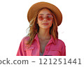 A woman with a hat and sunglasses is holding a cell phone in her hand 121251441