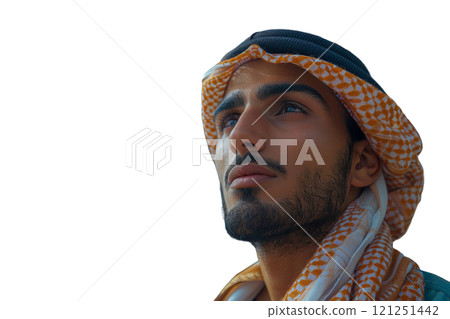 Bearded man in a turban and scarf around his neck 121251442