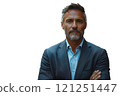 A man in a suit and blue shirt stands with arms crossed 121251447