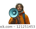 A man in orange jacket holding a megaphone at a public event 121251453