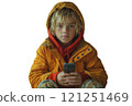A young boy in a bright yellow jacket is standing while holding a smartphone 121251469