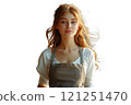 A woman wearing an apron stands before a dark backdrop 121251470