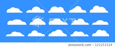 Empty cartoon clouds on purple background. Comic cloud shapes set for icon, poster, banner, label, badge, tag, logo, decoration. White blank speech bubble collection. Textbox claud bundle. Vector 121251524