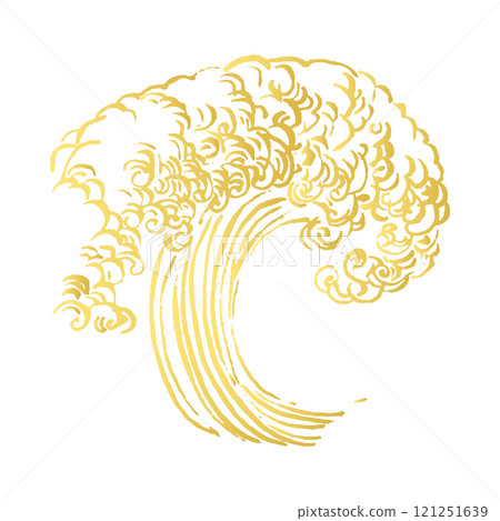 Japanese style illustration, dynamic and faded golden Japanese waves drawn by ink brush. Line drawing of the ocean and splashes Japanese style illustration, dynamic and faded golden Japanese waves drawn by ink brush. Line drawing of the ocean and splashes 121251639