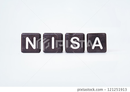 Nippon Individual Savings Account, the word NISA written on dark cubes on a light background 121251913