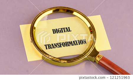Concept of international network. Business process automation. DIGITAL TRANSFORMATION words on the yellow card, top view 121251963