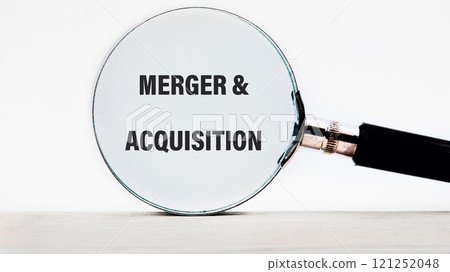 Merger and Acquisition Icon and Global Network with Analyzing Technological Data. MERGER and ACQUISITION through a magnifying glass on a light background Merger and Acquisition Icon and Global Network with Analyzing Technological Data. MERGER and ACQUISITION through a magnifying glass on a light background 121252048