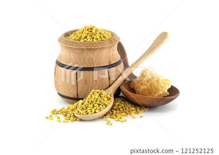 Natural Wooden Barrel Filled with Bee Pollen and Honeycomb in Bowls 121252125