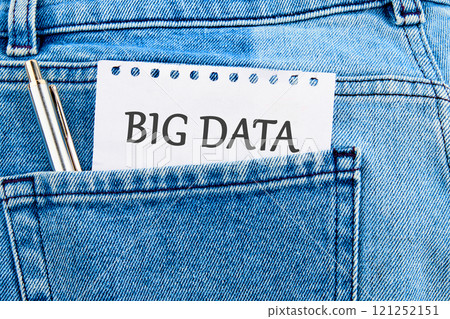 The concept of technology and development. Phrase, words, text BIG DATA API It's written on a piece of paper in my jeans pocket 121252151