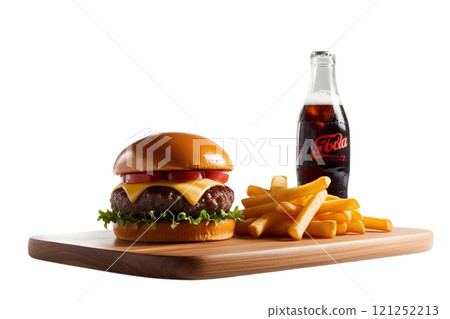 Front view, board with hamburger, soda and french fries, studio photography, white background 121252213
