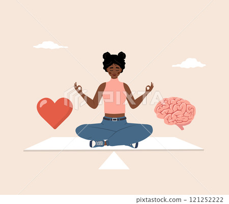 Brain and Heart Balance. Wellness concept. African Young woman choosing between Feelings and Mind. Flat design. Vector illustration in cartoon style Brain and Heart Balance. Wellness concept. African Young woman choosing between Feelings and Mind. Flat design. Vector illustration in cartoon style 121252222