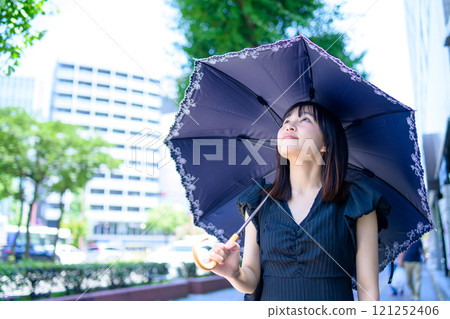 一個女人撐著陽傘在城市裡行走 121252406