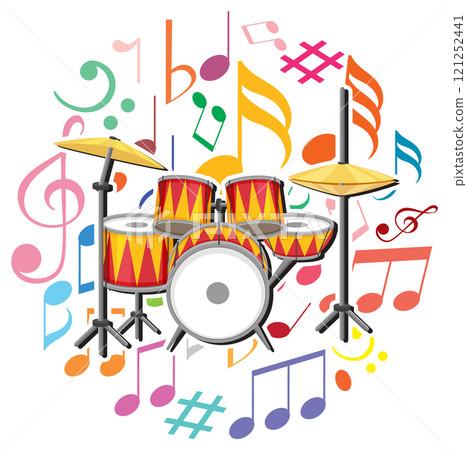 Vibrant Drum Set with Musical Notes 121252441