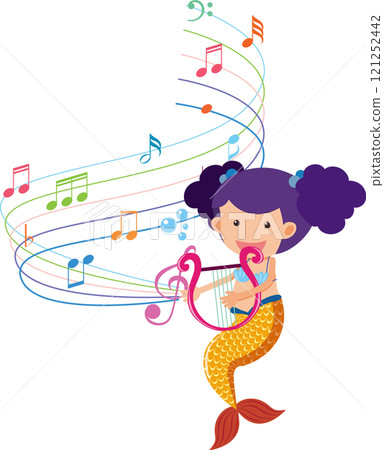 Mermaid Playing Harp with Musical Notes 121252442