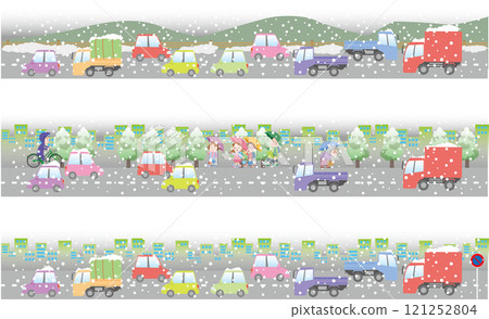 交通安全<冬季/雪路、汽車、卡車等圖像插圖> 交通安全<冬季/雪路、汽車、卡車等圖像插圖> 121252804