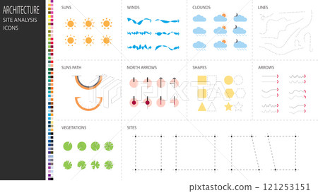 architecture site analysis symbol icon element drawing graphic flat isolated vector. architecture element line sun wind sound sun path vegetation. 121253151