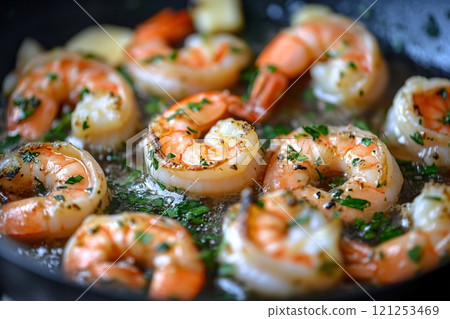 Intricate close-up of shrimp being sauteed with garlic, butter, and fresh herbs in a pan 121253469