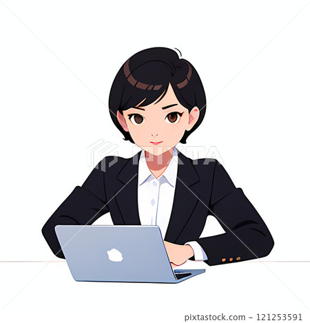 Illustration of a woman in a suit facing a computer 121253591
