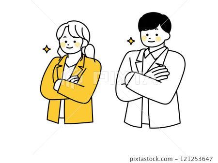 一位辦公室職員自豪地交叉雙臂的插圖 121253647