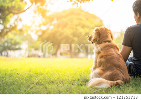 A dog and its owner in a peaceful park, a warm evening scene 121253718