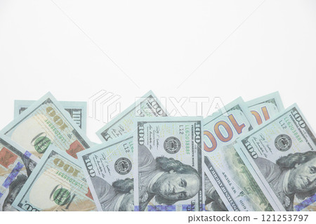 close up fiat money 100 usd banknotes on a white background. Pile of United States of America Finance. concepts of banking,cash, savings,fiat money concept,100 dollars. Money Mockup. 121253797