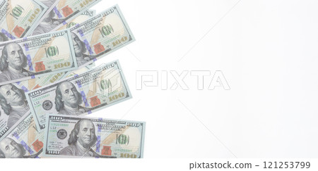 close up fiat money 100 usd banknotes on a white background. Pile of United States of America Finance. concepts of banking,cash, savings,fiat money concept,100 dollars. Money Mockup. 121253799