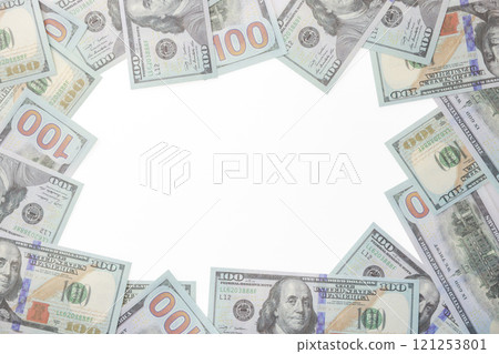 close up fiat money 100 usd banknotes on a white background. Pile of United States of America Finance. concepts of banking,cash, savings,fiat money concept,100 dollars. Money Mockup. 121253801