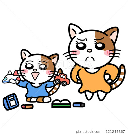 Mother cat gets angry at child who doesn't clean up 121253867