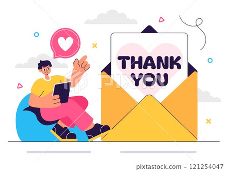 Thank You Vector Illustration Featuring a Letter in an Envelope, Perfect for Posters, Web Banners, Brochures, or Cards in a Flat Style Background Thank You Vector Illustration Featuring a Letter in an Envelope, Perfect for Posters, Web Banners, Brochures, or Cards in a Flat Style Background 121254047