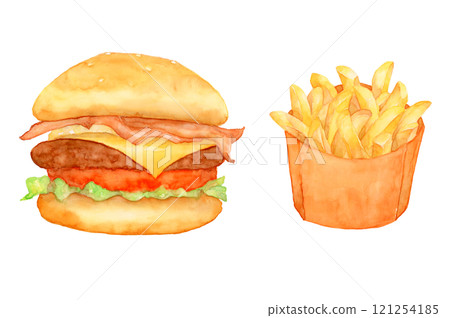 Hamburger and fries watercolor illustration Hamburger and fries watercolor illustration 121254185