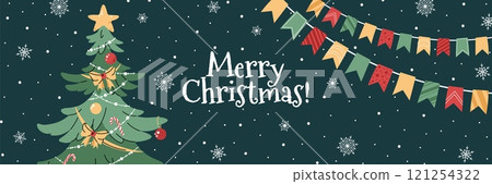Horizontal banner with a Christmas tree decorated with garland, bows, and a star on a green background with snowflakes in a flat cartoon style. Vector background for Christmas poster Horizontal banner with a Christmas tree decorated with garland, bows, and a star on a green background with snowflakes in a flat cartoon style. Vector background for Christmas poster 121254322