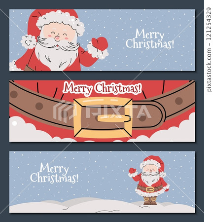 Set of Christmas horizontal banners with cheerful Santa Claus in red suit waving hand on snowy blue background in flat cartoon style. Vector illustration for poster, banner, invitation, etc 121254329