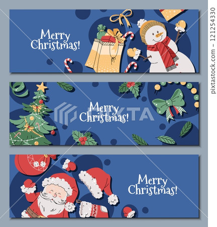 Set of Christmas horizontal banners with Santa, Christmas tree, snowman and gifts on a blue background in a flat cartoon style. Vector illustration for poster, banner, invitation, etc 121254330