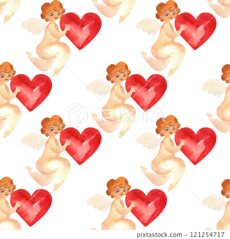 Cupids with hearts in vintage style. Watercolor seamless pattern for textiles and wrapping paper for Valentine's Day or wedding. 121254717