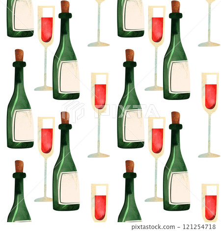 Red wine. Glasses and bottles. Seamless pattern for textiles and wrapping paper for the holiday. 121254718