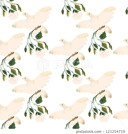 White doves with roses. Love mail. Watercolor seamless pattern for textiles and wrapping paper for wedding or Valentine's Day, February 14. 121254719