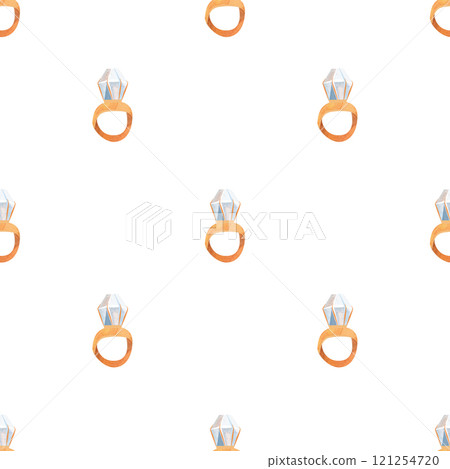 Seamless pattern with gold engagement rings with diamond. Jewelry. Watercolor illustration for textile and wrapping paper for wedding, bachelorette party and engagement 121254720