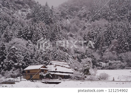 背景素材:初雪、小雪覆蓋的樹木和老房子、森林、森林 背景素材:初雪、小雪覆蓋的樹木和老房子、森林、森林 121254902