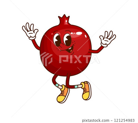 Cartoon funny groovy pomegranate fruit character with a happy face expression. Isolated vector tropical garden fruit retro y2k personage has a bright red round body, expressive eyes, and wide smile 121254983