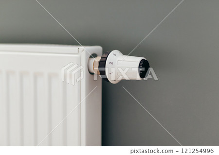 Metal radiator with thermostatic control head. Heating system, energy crisis, energy saving, 121254996