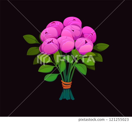 Cartoon bouquet of pink roses or peony flowers arranged with green leaves, symbol of love, romance and affection for Valentines Day. Bloom arrangement for romantic occasions and festive celebrations Cartoon bouquet of pink roses or peony flowers arranged with green leaves, symbol of love, romance and affection for Valentines Day. Bloom arrangement for romantic occasions and festive celebrations 121255023