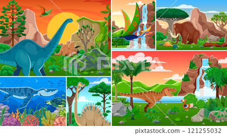 Prehistoric dinosaur characters collage with Jurassic lizards and dino animals, vector background. Funny T-rex tyrannosaurus with mammoth of ice age and giant dinosaur in forest for kids dino world 121255032