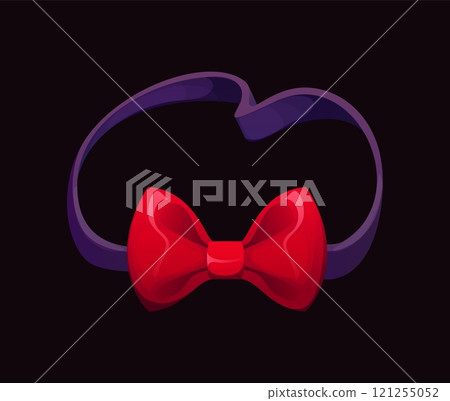Cartoon red bow tie symbolizing elegance for Valentines day holiday. Isolated glossy and elegant gentleman bowtie attached to a purple band, conveys sophistication and charm, for fashion or event Cartoon red bow tie symbolizing elegance for Valentines day holiday. Isolated glossy and elegant gentleman bowtie attached to a purple band, conveys sophistication and charm, for fashion or event 121255052
