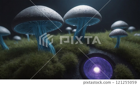 mushrooms and mycelium macro 121255059