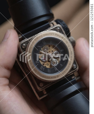 vintage watch mechanism close up 121255081