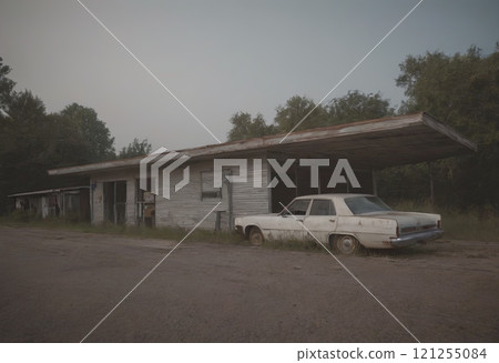 car at old gas station 121255084