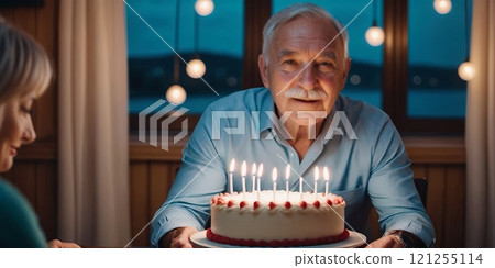 Portrait of an elderly man with a birthday cake 121255114