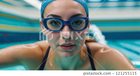 portrait of woman swimmer in pool 121255115