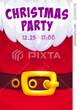 Christmas and Xmas holiday Santa Claus beard flyer for winter holiday party, vector poster. Christmas party invitation or Xmas entertainment entry flyer with Santa beard, golden buckle and HoHoHo 121255178